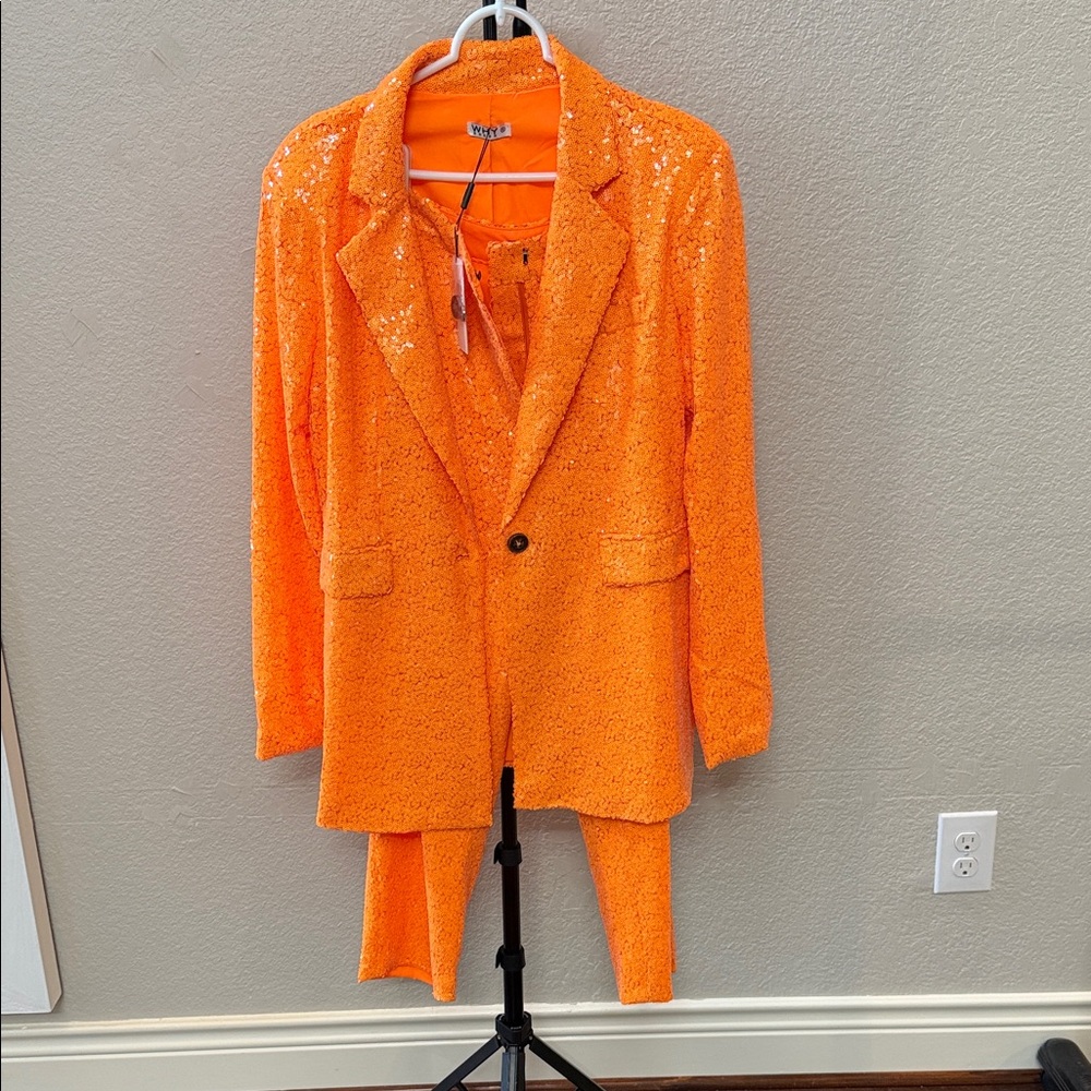 Sequin-Embellished Orange Blazer & Pants Set